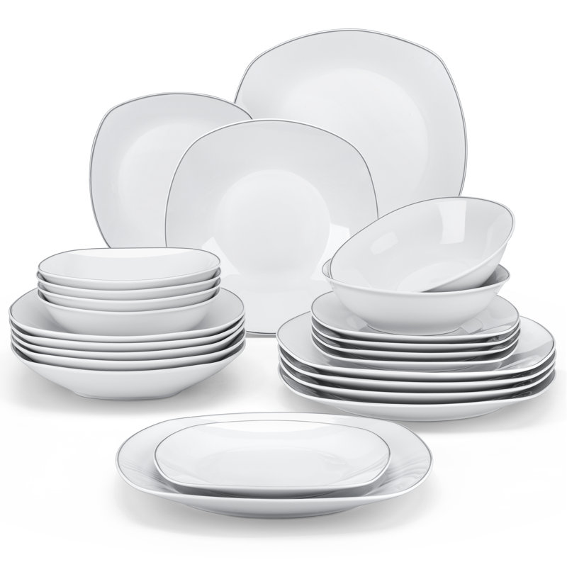 Piece Porcelain China Dinnerware Set - Service for 6, Silver/White