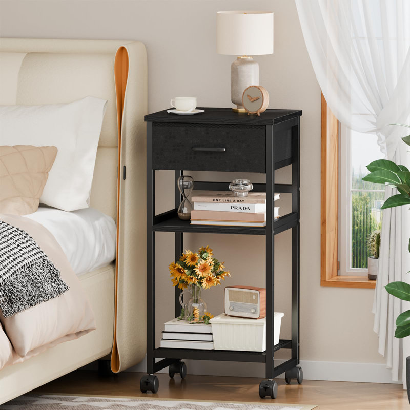 Printer Stand With Storage, Small Rolling Printer Table For Home Office, 3-Tier Printer Cart With Wheels, Modern Industrial Nightstand With Drawer, Side Table