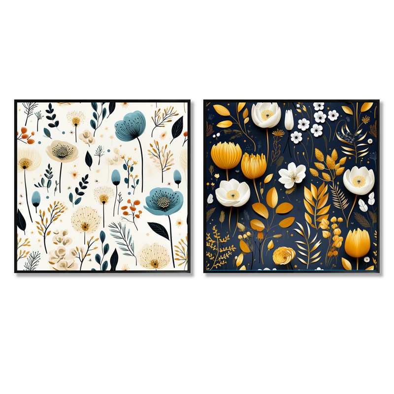 Leflore - Ensemble de 2 collages carrés botaniques abstraits, Cadre flottant noir, H 16 po x l 33 po