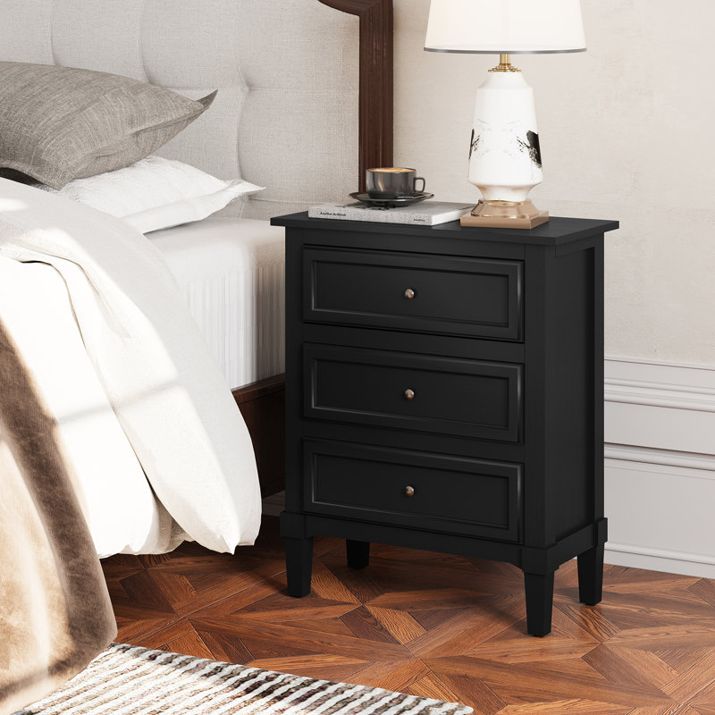 Black Nightstand with Three Drawers, Fully Assembled, Black