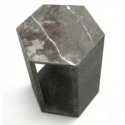 Modern Dark Grey Natural Marble Side Table, Hexagonal Geometric Pedestal Stand, 15.7" H Polished Real Stone End Table for Living Room, Bedroom Nightstand, Art Display - Architectural "Solid & Void"