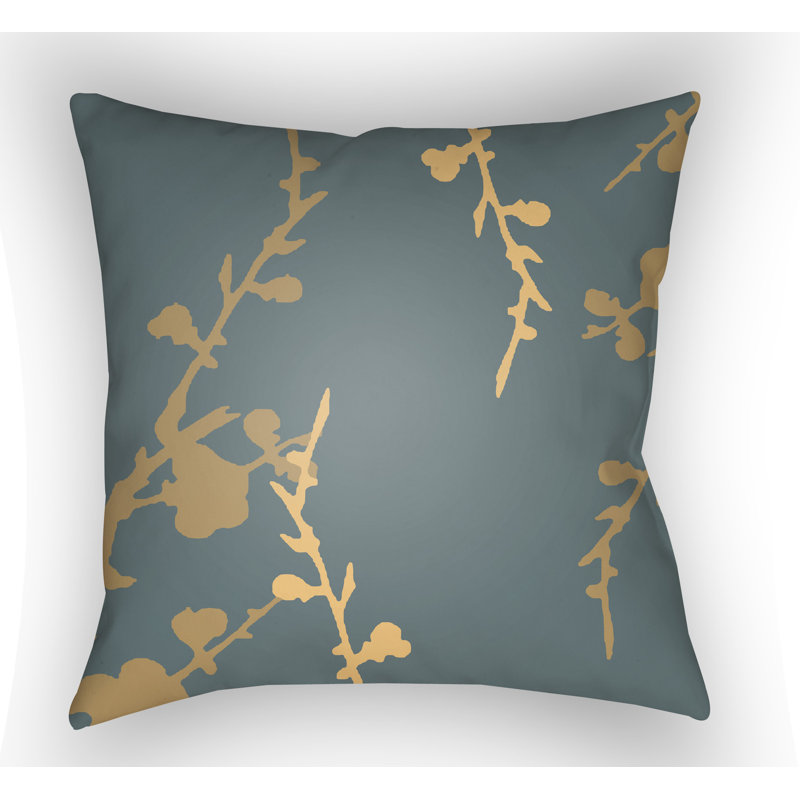 Chinoiserie Floral Indoor/Outdoor Throw Pillow, Slate Blue/Gold, 22" H  x 22" W x 5" D