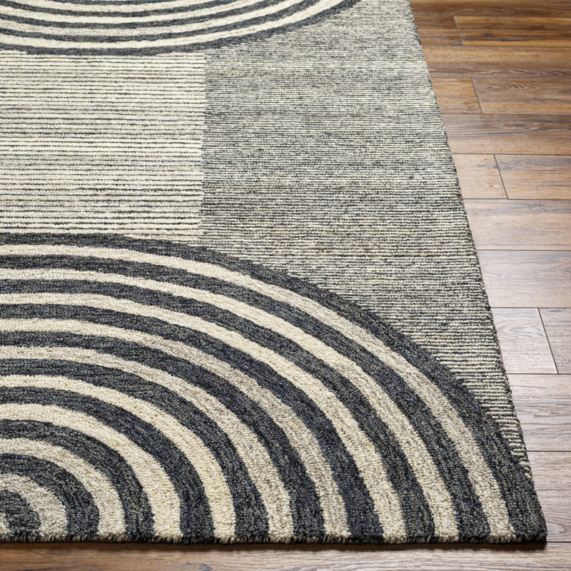 Hand-Tufted Black and Beige Wool Geometric Area Rug 8' x 10'