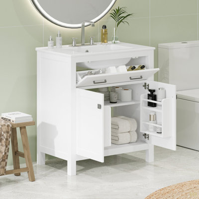 Meuble-lavabo de 30 pouces avec lavabo en céramique, armoire de salle de bain simple moderne avec 2 portes et une tablette, portes à fermeture en douceur