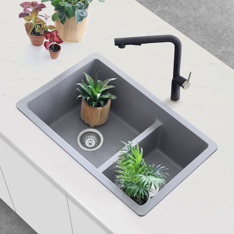 Pietra STYLISH 27 inch Double Bowl 60/40 Dual Mount Composite Granite Kitchen Sink, Gray