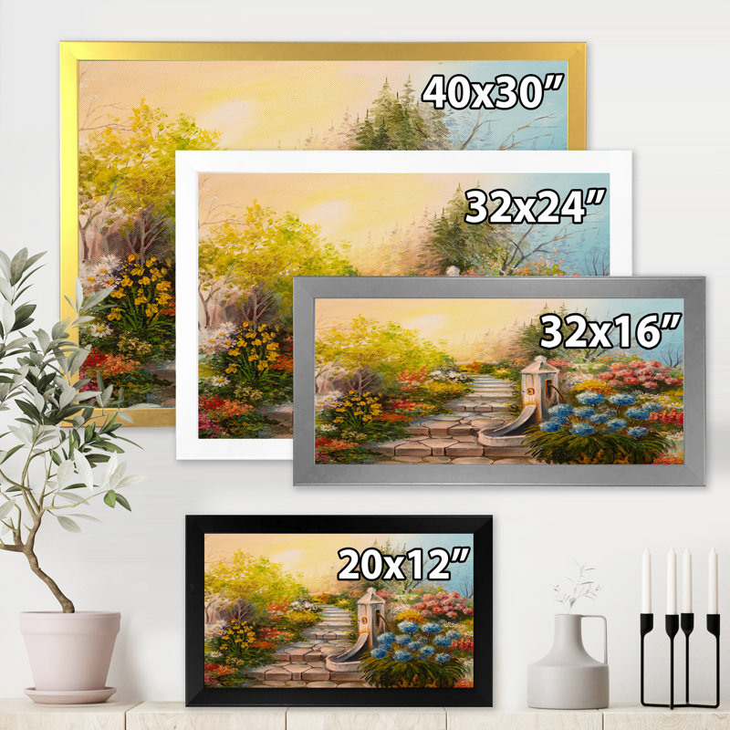 Escaliers de pierre dans la forêt fleurie - Peinture sur toile, H 24 po x l 32 po x P 1 po, Cadre blanc