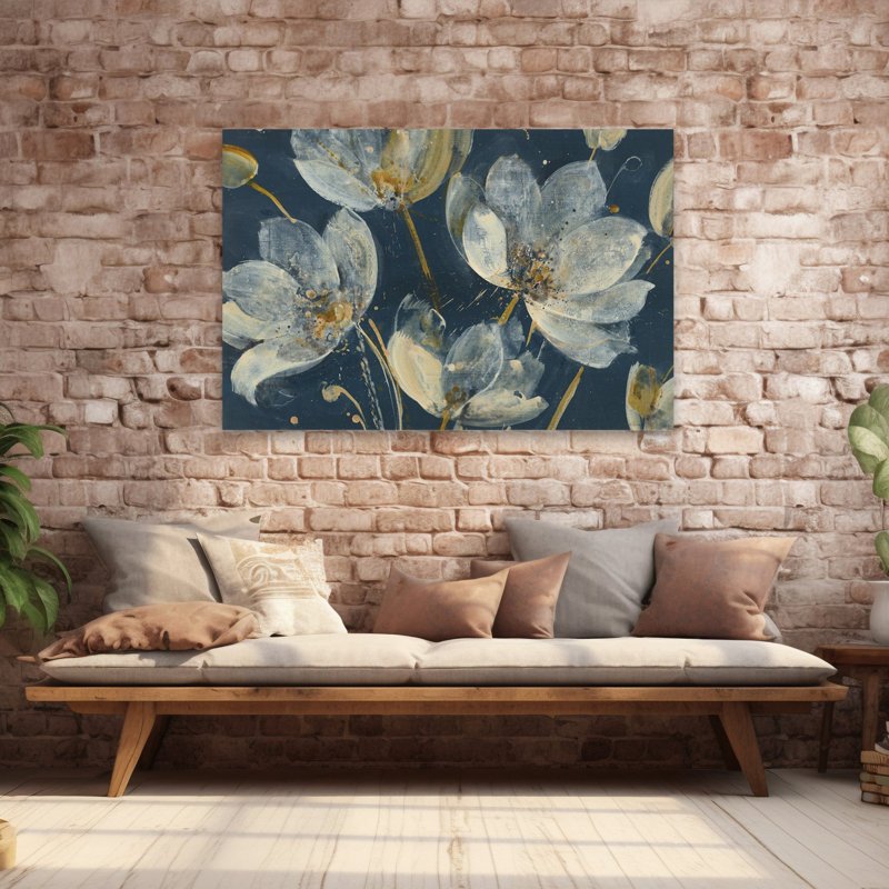 Jardin translucide contemporain abstrait bleu floral beige brun, H 60 po x l 40 po