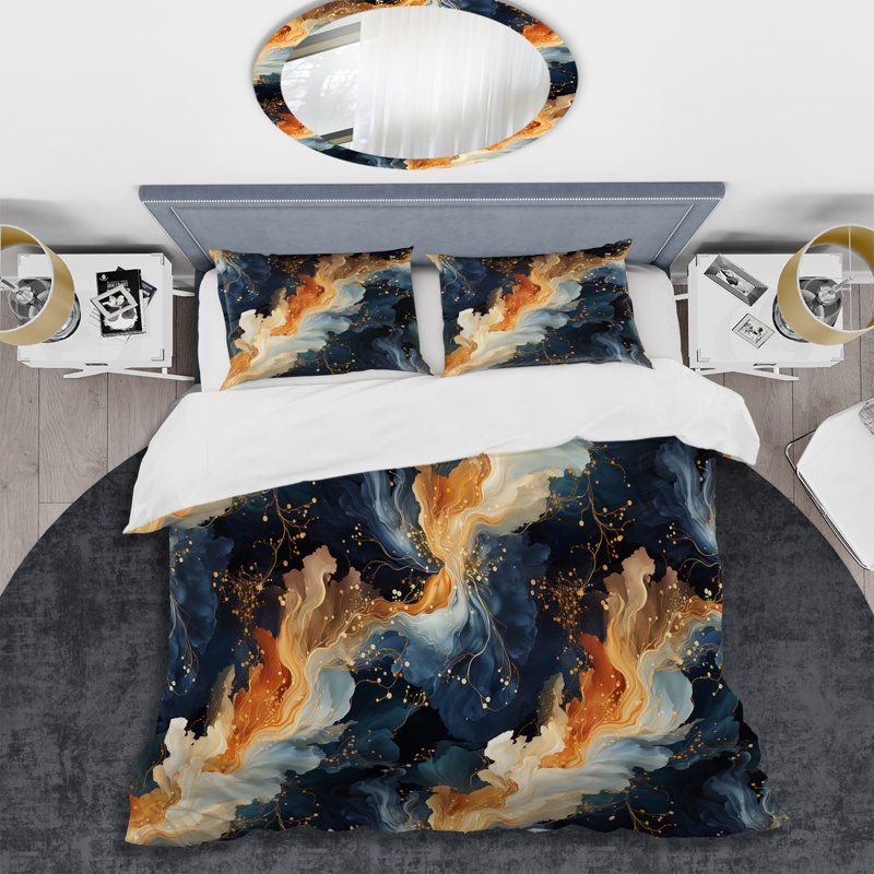 Literie orange et bleu sarcelle Astral Marble Dreams, Housse de couette simple + 1 taie décorative stan