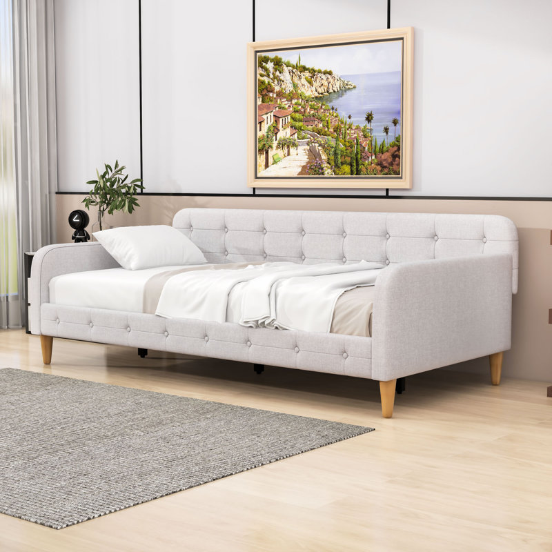 Hiromitsu Upholstered Daybed with Support Legs, Beige, Twin
