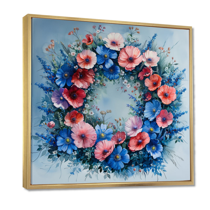 Couronne de jardin rose et bleu - Art mural salon, Cadre flottant doré, H 30 po x l 30 po