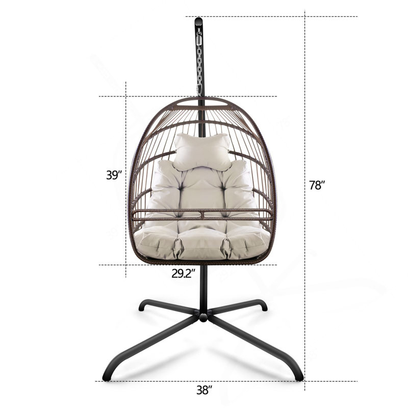 Fauteuil à œufs pivotant pliable avec support - Chaise suspendue en rotin d'osier intérieur / extérieur, support de type C, coussin / oreiller et porte-gobelet spécial, capacité de 350 lb
