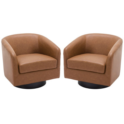 Applewold Upholstered Brown Faux Leather Swivel Barrel Chair with Solid Wood Base