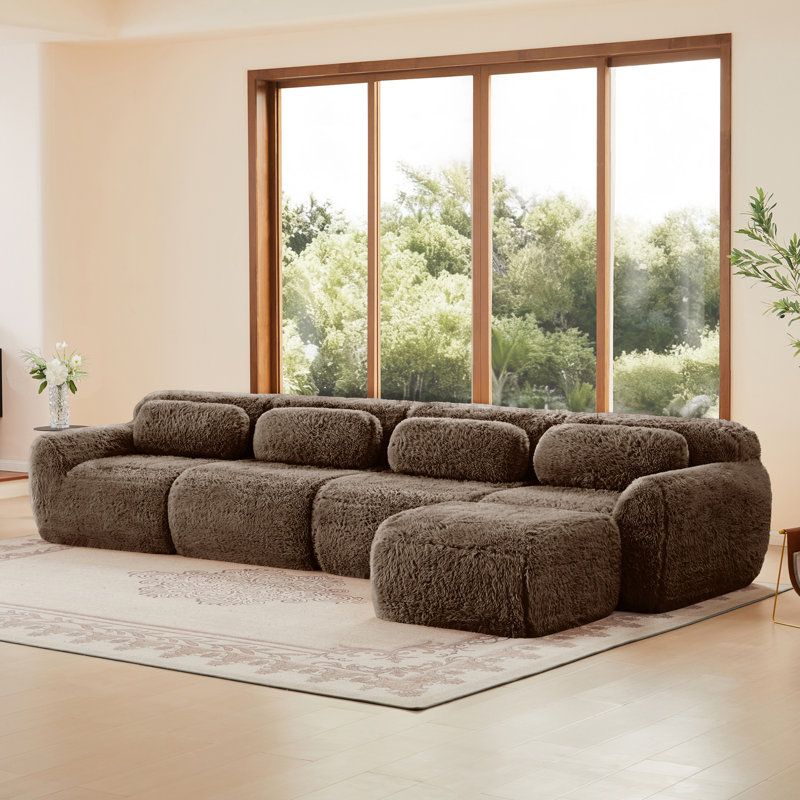 Canapé modulaire en tissu moelleux chocolat en forme de L, fond en éponge haute densité 32D, antidérapant, aucun assemblage requis pour les salons