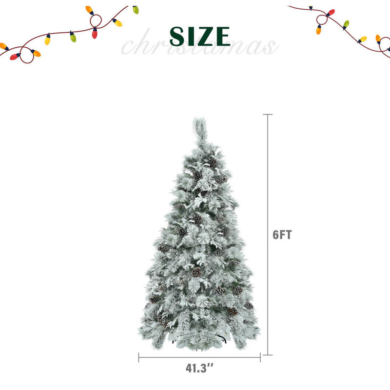 Arbre de Noël artificiel épinette enneigé 6 pi avec branches mixtes en PE et PVC (403 pointes), 250 DEL multicolores (11 modes) et pommes de pin | Décoration des Fêtes