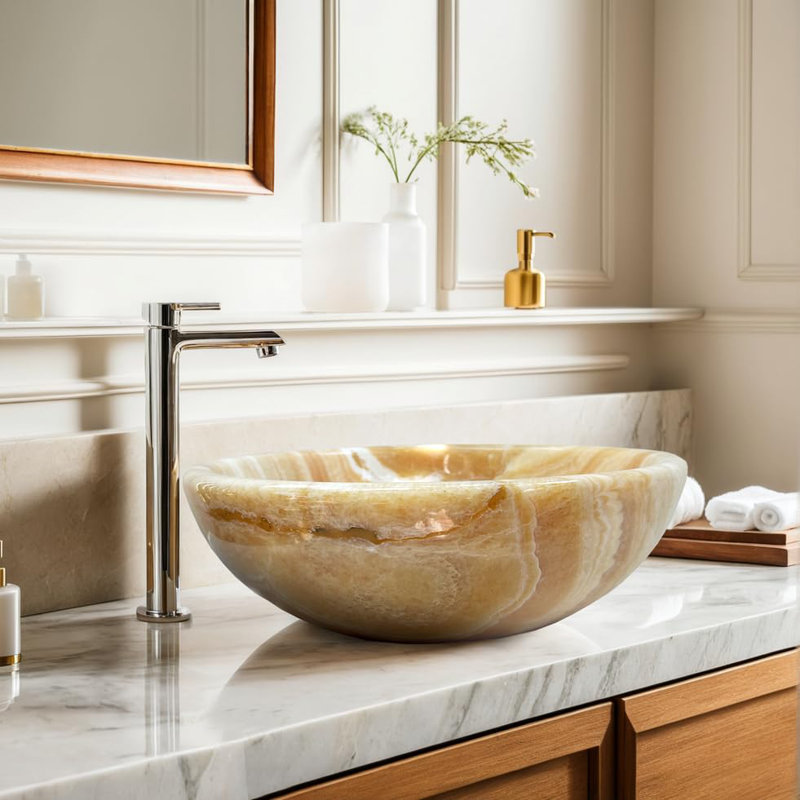 Orange Onyx Vessel Sink – Handcrafted Round Bathroom Basin, 14.76 Inch Polished Natural Stone