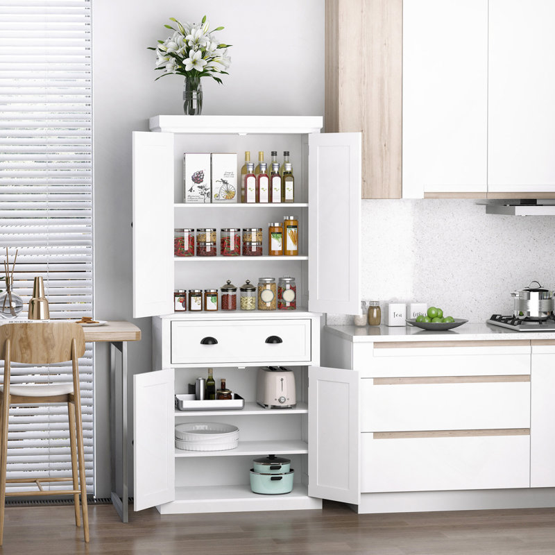 Armoire de rangement sur pied 72 po, armoire de rangement haute avec 2 portes, tiroir et tablettes réglables, blanc