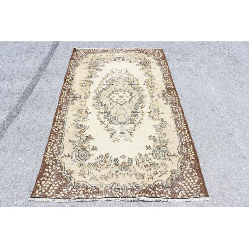 Tapis turc unique fait à la main avec motif floral beige brun - Revêtement de sol en laine pour la décoration intérieure