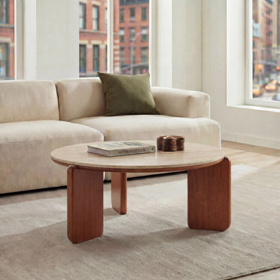 Table basse 31,5 po en faux travertin avec pieds en bois massif