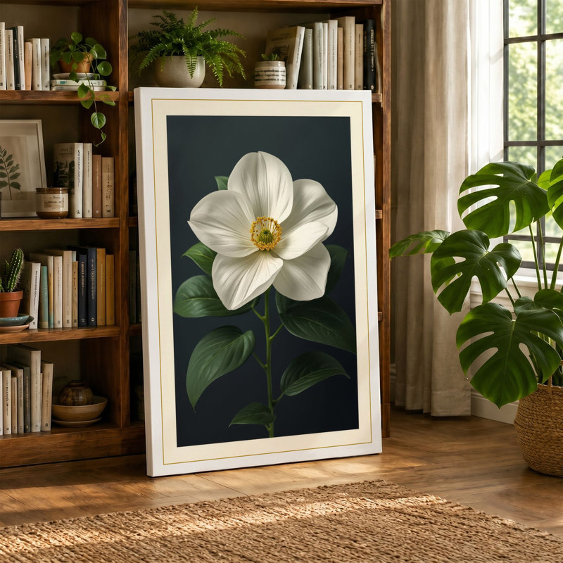 White Camellia Study Botanical - Wrapped Canvas, 24x16 - 61.0 x 40.6 cm, Sage Border