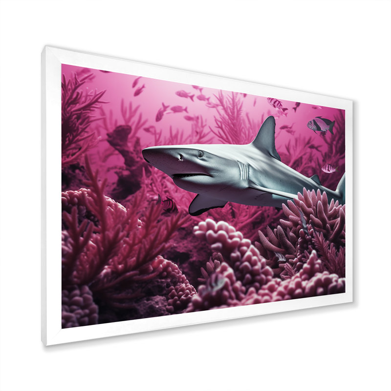 " Hammerhead Purple Sharks ", 16" H x 32" W x 1" D, White Single Picture Framed