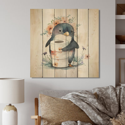 Pingouin Natalia avec rouleau de papier hygiénique et fleurs - impression sans cadre sur bois