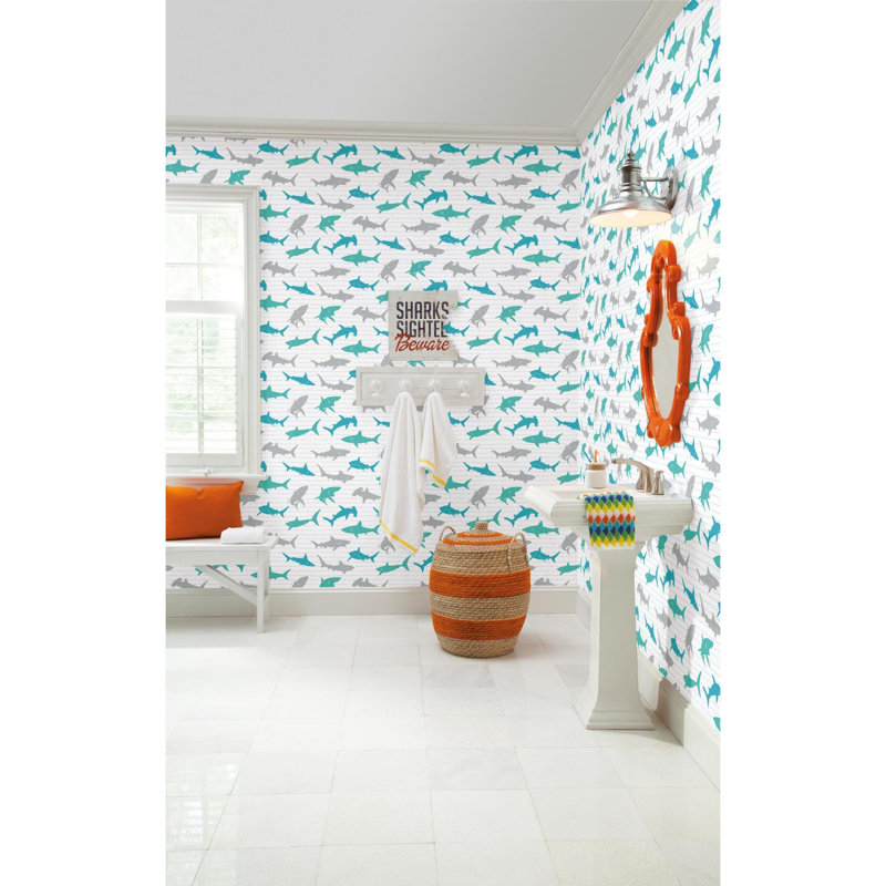 Rouleau de papier peint L 33 pi x l 20,5 po Shark Charades, Bleu sarcelle