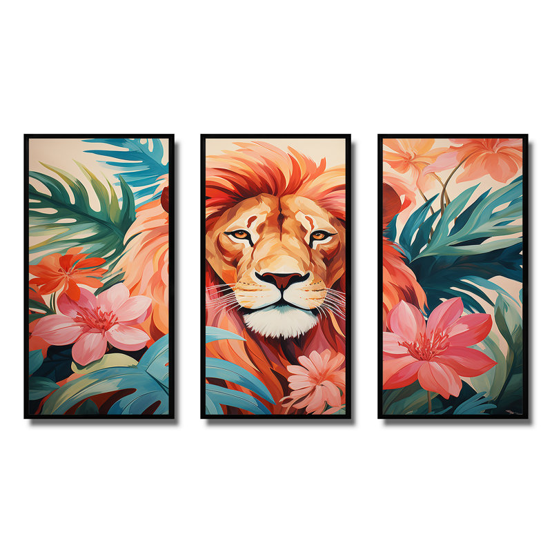 Décoration murale lion rose et vert en forêt II - Lion, Cadre flottant noir, H 28 po x l 36 po