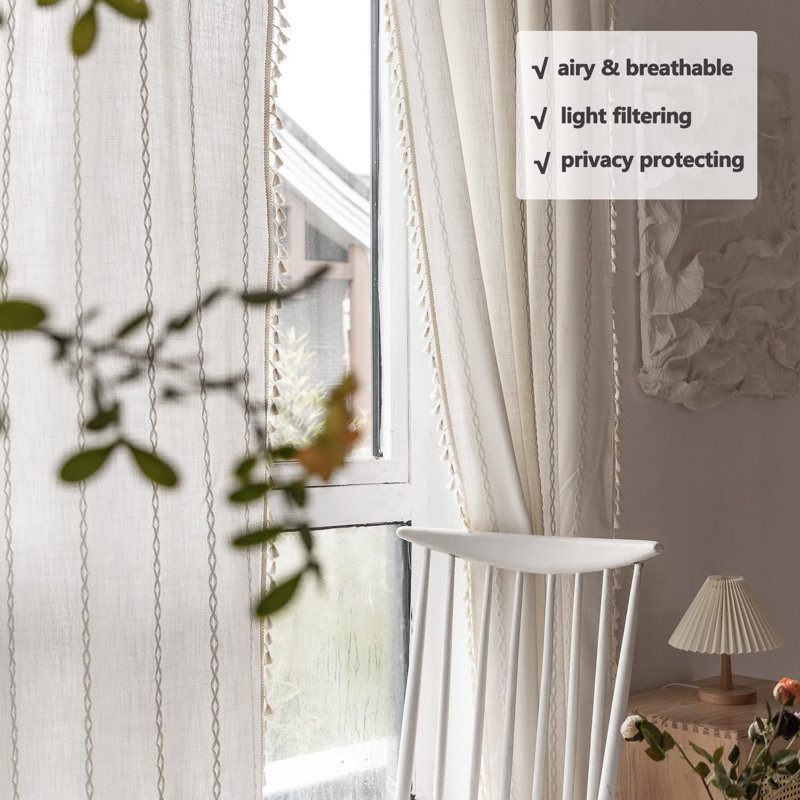 Off-White Linen Tassel Semi-Blackout Boho Curtains, 84 Inch, 2 Panels