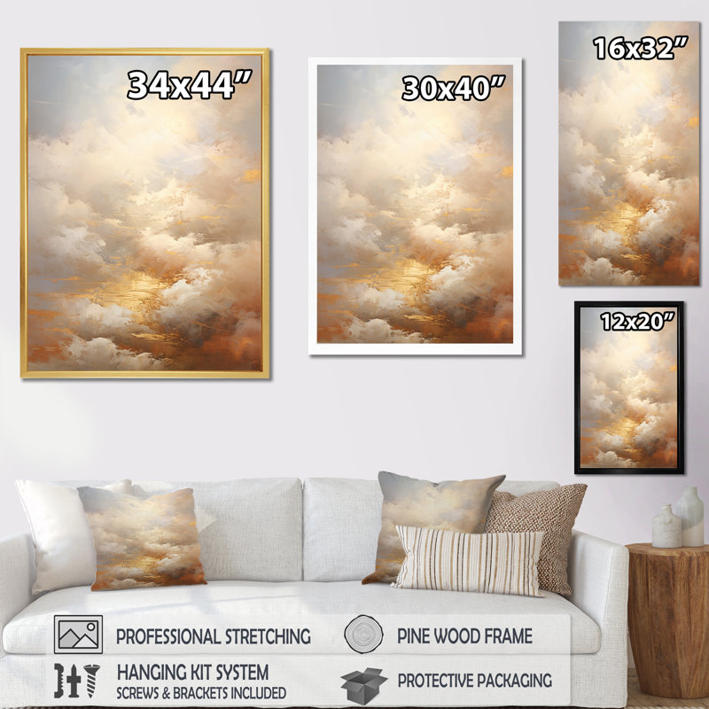 «Beige Gold Minimalisme Clouds II», reproduction sur toile, H 20 po x l 12 po x P 1 po, Cadre flottant noir