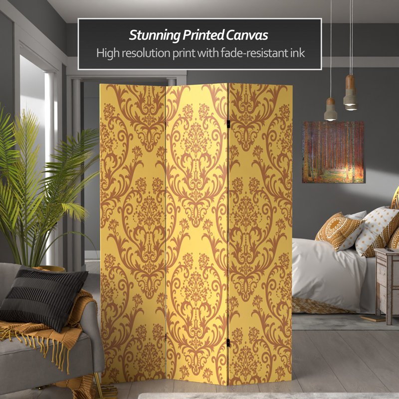 6 Ft. Tall Double Sided Ocean Damask Canvas Room Divider, Yellow