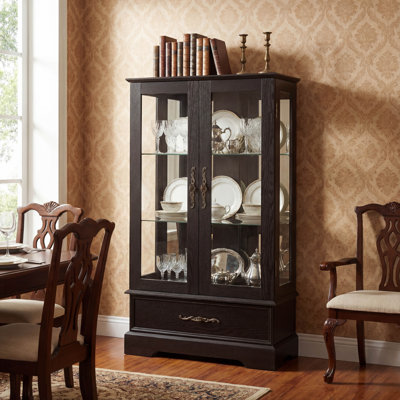 Lighted 2-Door Glass Curio Display Cabinet with Adjustable Shelves, Built-in Drawer, and Included Light Bulb in Black