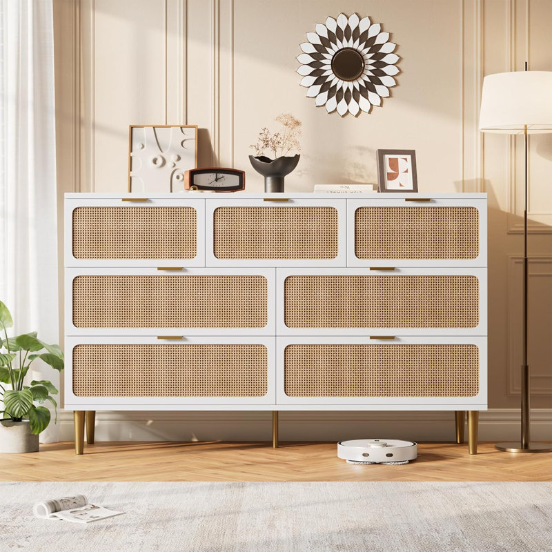 Rattan 7 Drawer Dressers for Bedroom, Tall Dresser with Deep Drawers, White