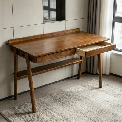 Solid Wood Writing Desk, Home Office Desk for Small Spaces, Mid Century Modern Desks with 2 Drawers & Storage Shelf, Standing Desk with Side Hooks for Study, Bedroom, Office