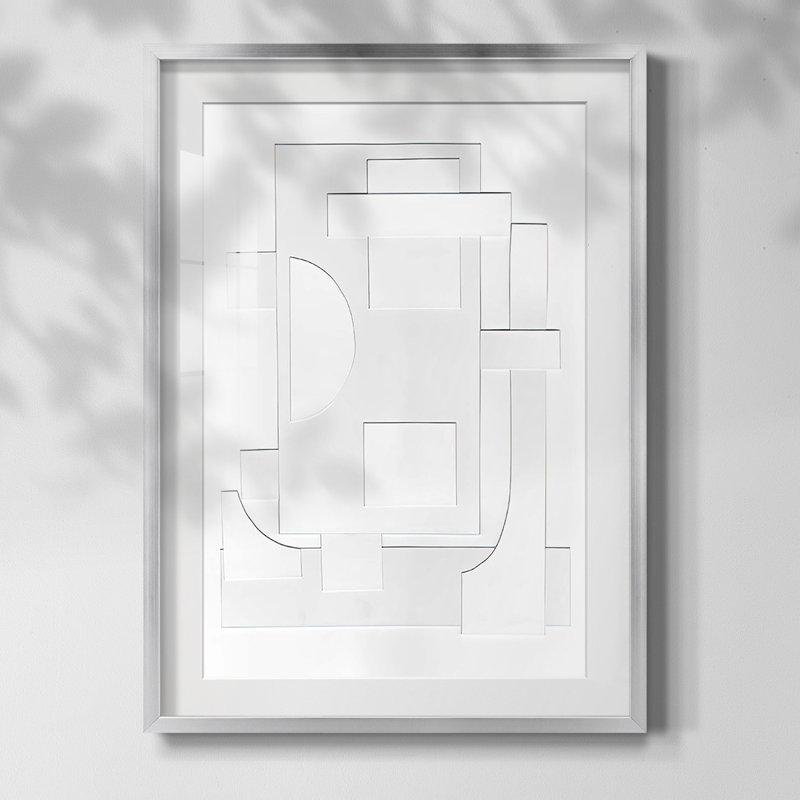 «White Geometric II», reproduction encadrée, Papier avec cadre argenté, Blanc