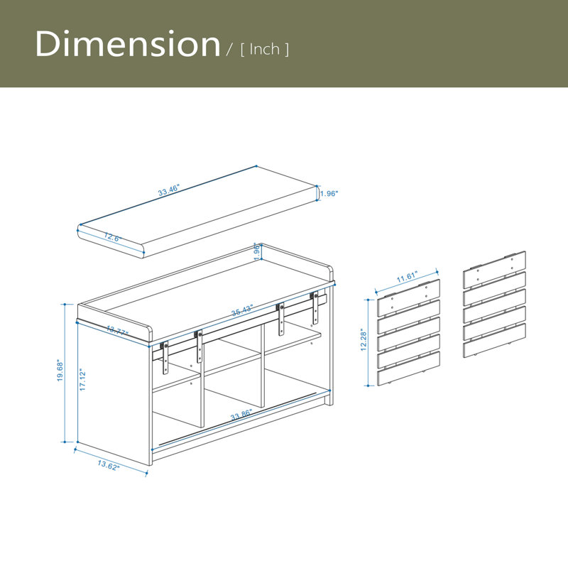Modern Shoe Storage Bench, 2-Tier Entryway Bench With 2 Sliding Barn Doors & Full Soft Removable Seat Cushion