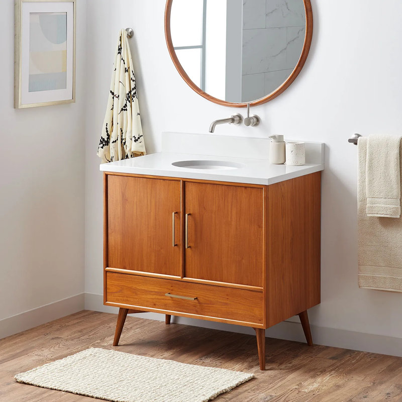 36" Novak Single Bathroom Vanity Set with Oval Undermount Sink, Natural Teak, 8" Widespread, Arctic White Quartz