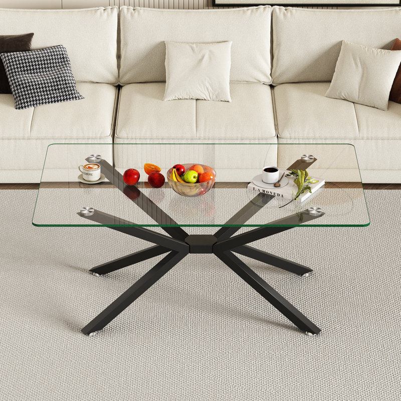 Table basse rectangulaire de 39,37 po avec plateau en verre trempé transparent et pieds en métal noir pour le salon | Idée cadeau