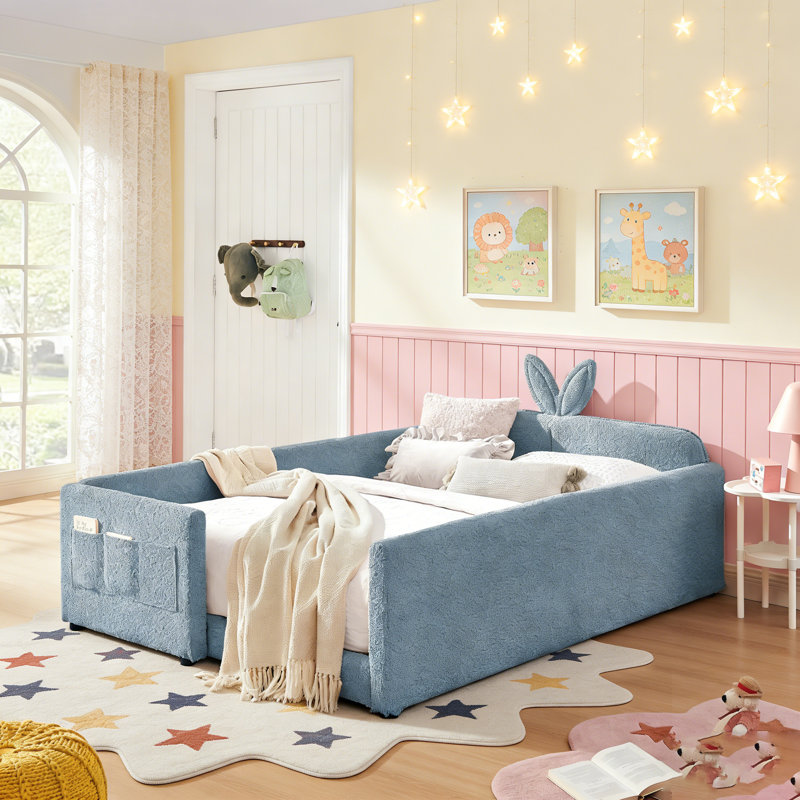 Lit plateforme tapissier avec tête de lit en forme d'oreille de lapin mignon, barrière de sécurité et poche, tissu bouclé