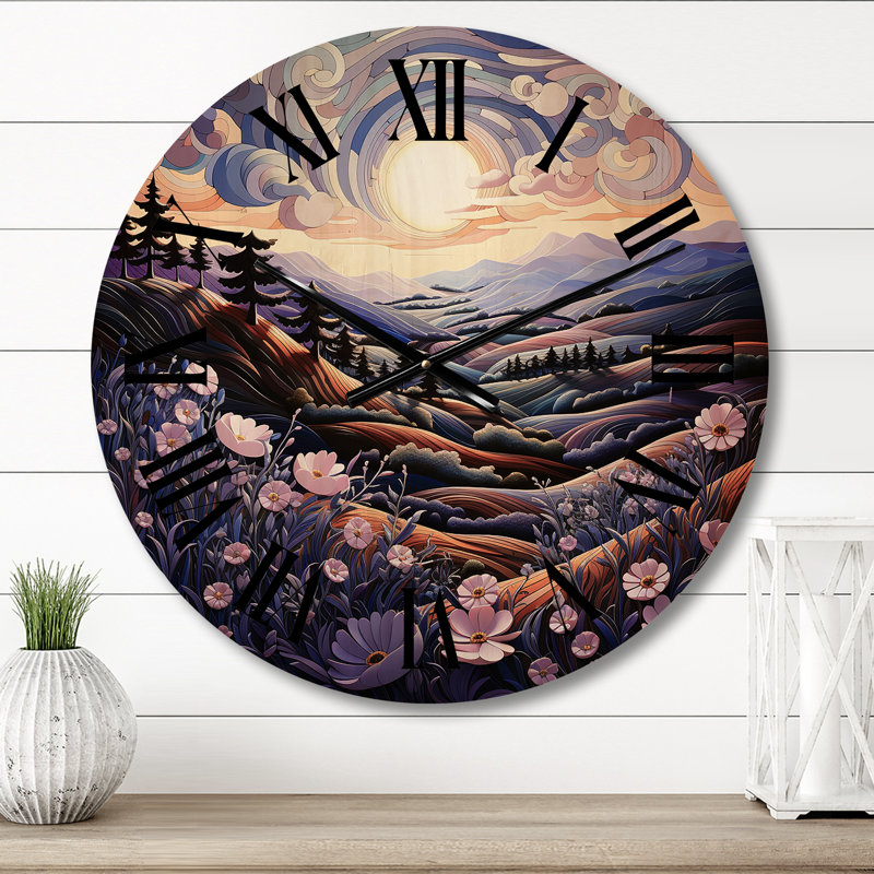 Horloge murale en bois paysage campagne lavande II Patchwork II, Petit