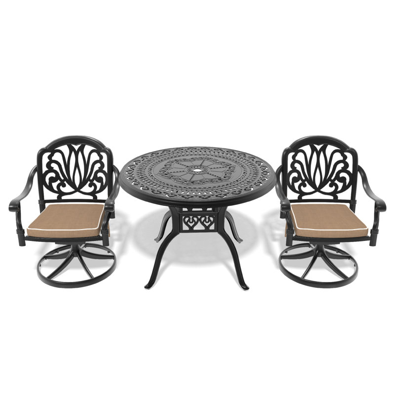 Ensemble de salle à manger 3 pièces en aluminium coulé toutes saisons comprenant 2 chaises pivotantes et une table ronde de 39,37 po avec cadre