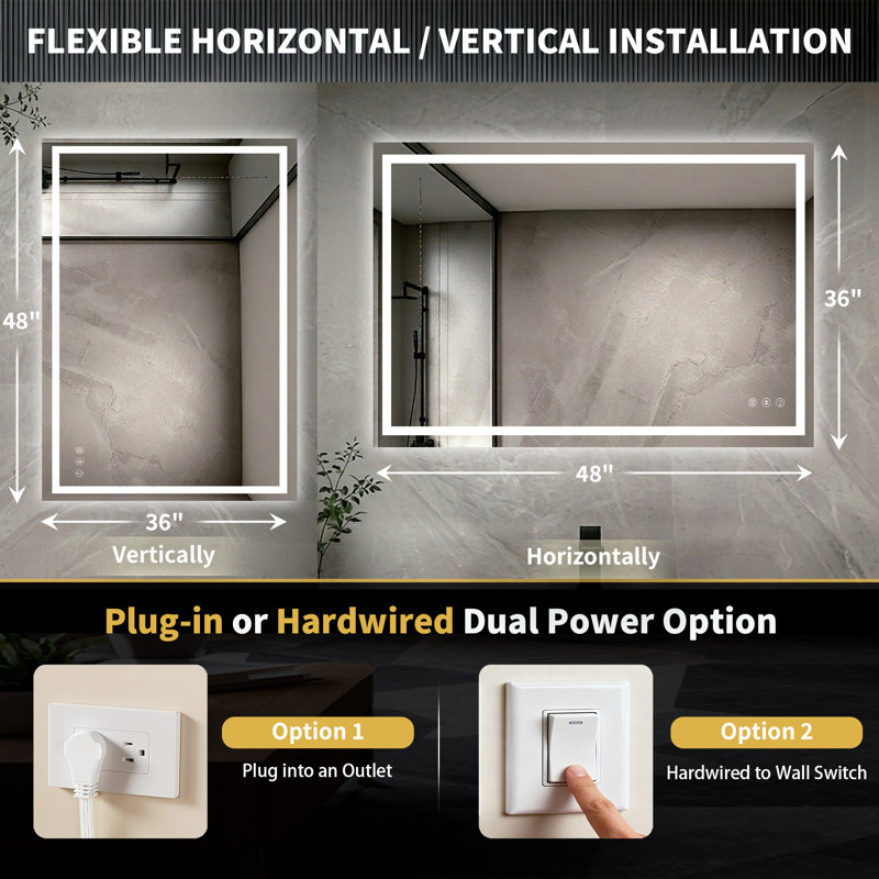 48" X 36" LED Bathroom Mirror With Dimmable Light Anti-Fog Lighted Vanity Mirror With 3 Color Modes, IP44 Waterproof Horizontal/Vertical Mount