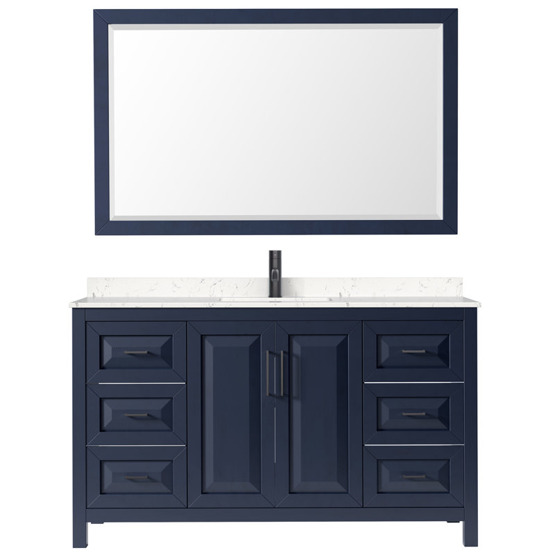 Daria 60'' W Single Vanity, Dark Blue, Brushed Gold, White Carrara Marble