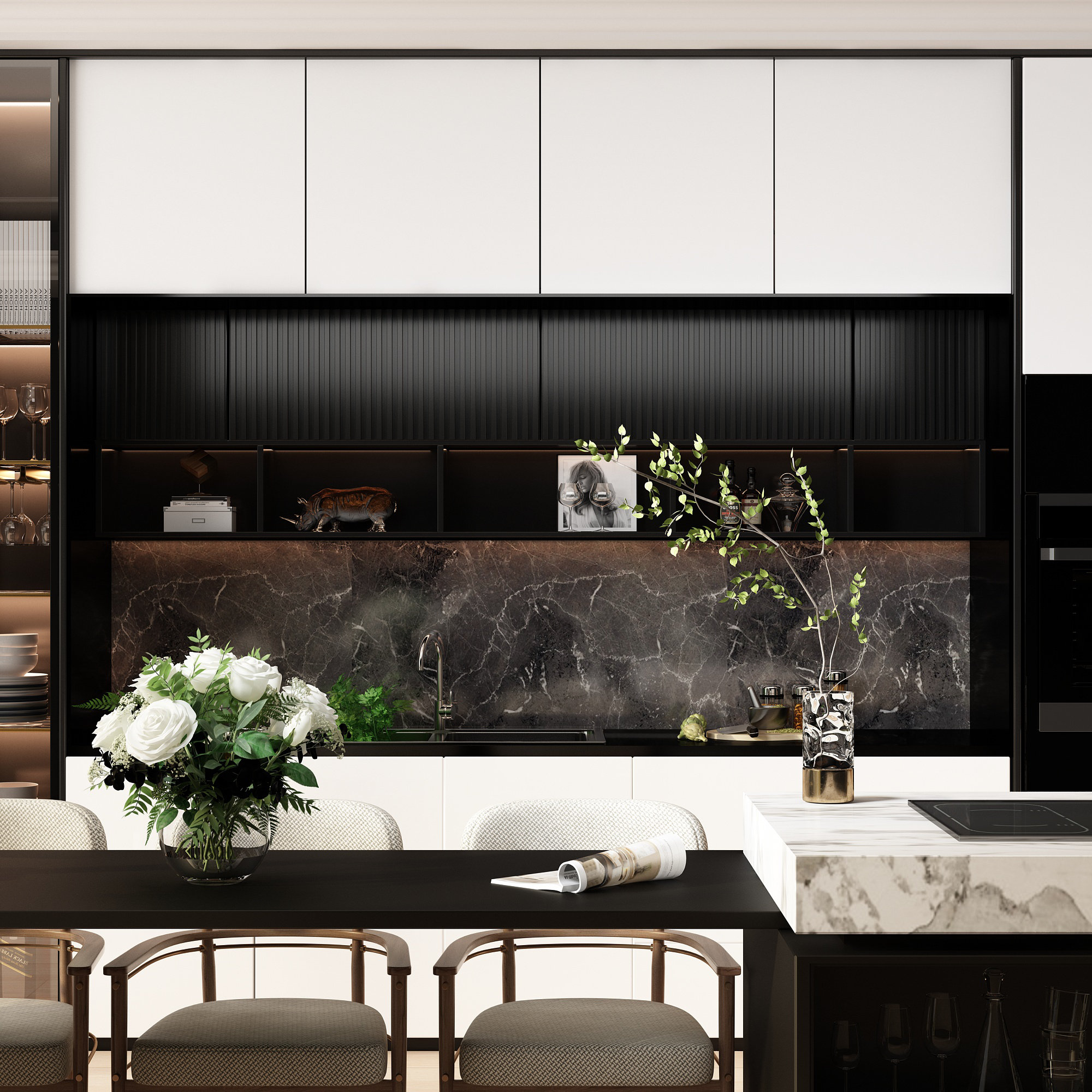 Slab 63'' W x 55.1'' H White Medium Density Fiberboard (MDF) Kitchen  Cabinet Set Ready-to-Assemble