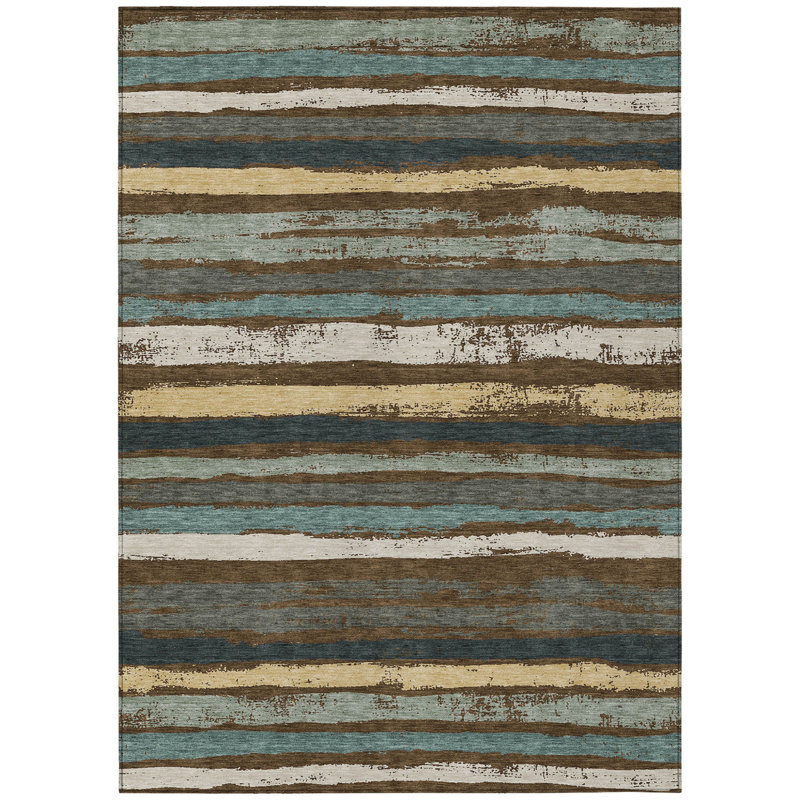 3' X 5' Brown Beige And Green Striped Washable Indoor Outdoor Area Rug
