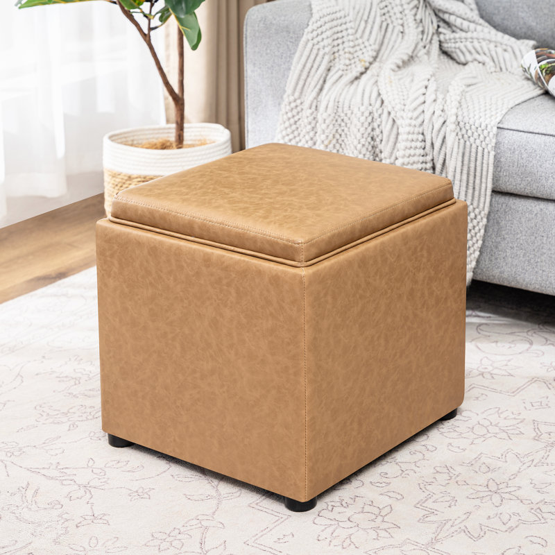 17.7" Faux Leather Storage Ottoman With Reversible Tray Top, Yellowish