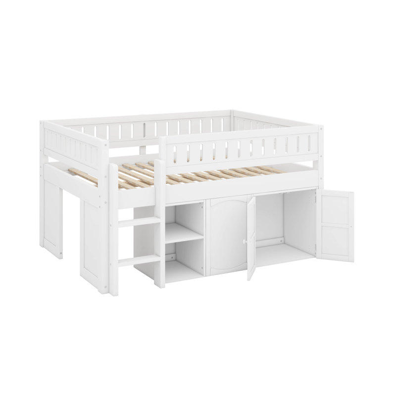 Lit mezzanine double avec armoire de rangement et tableau noir, Blanc