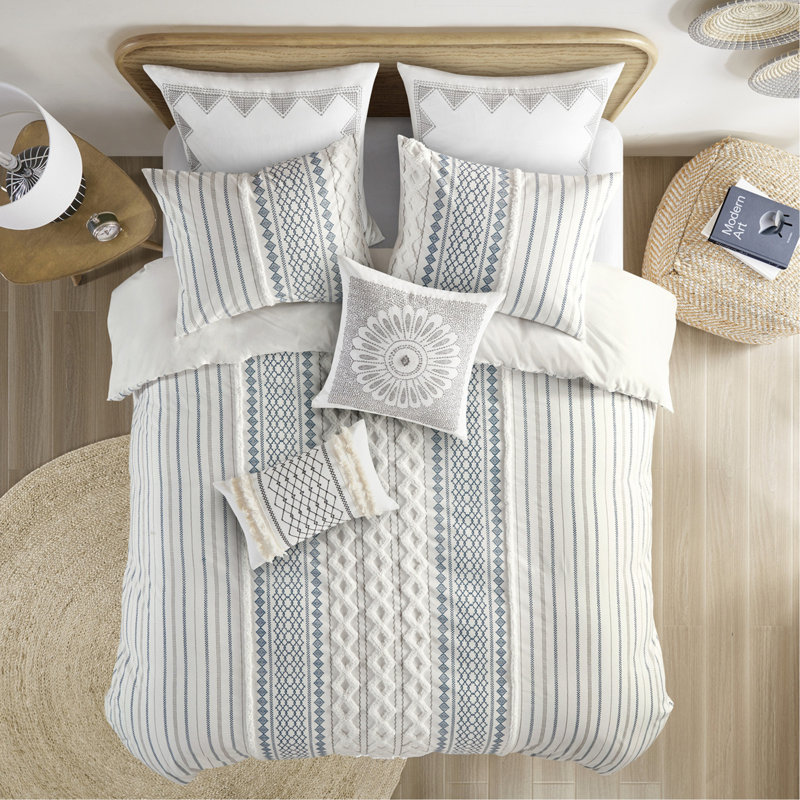 Ensemble de housse de couette en coton double / grand avec chenille, Rayures bleues