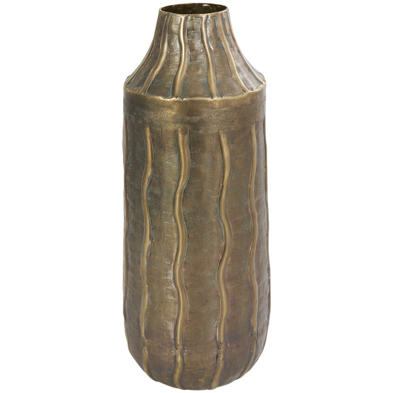 Mokhtar Metal Snakeskin Inspired Decorative Brass Vase with Dimensional Wavy Accents, Large