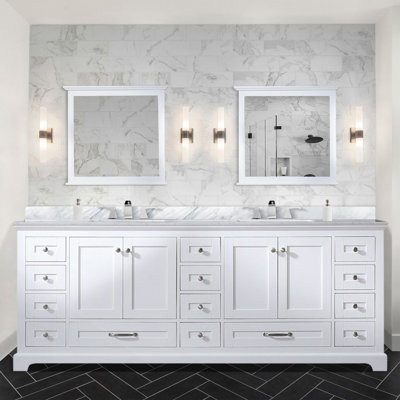 White Double Bath Vanity 84 In. W X 22 In. D, Carrara Marble Top, And 34 In. Mirrors