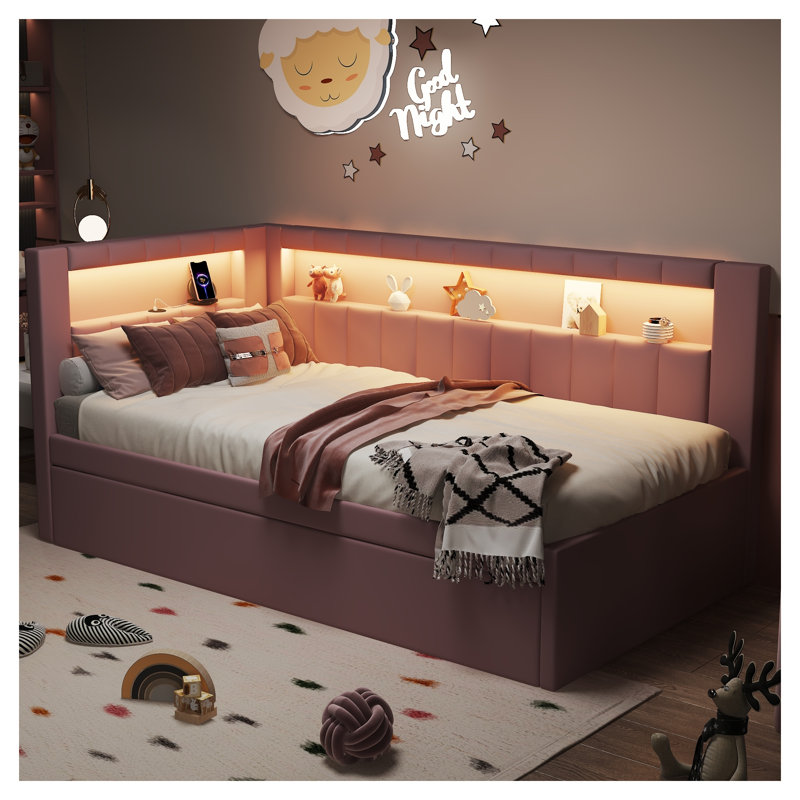 Lit plateforme simple tapissier avec lumières DEL et ports USB - Cadre de lit gigogne rose pour chambre d'enfant